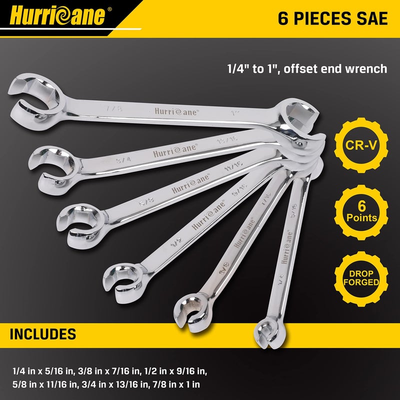 Hurricane مجموعة مفاتيح صمولة هوريكان، مجموعة مفاتيح خط الفرامل SAE مكونة من 6 قطع، بحجم من 1/4 إلى 1 بوصة، بزاوية انحراف 15 درجة مع طرفين مفتوحين وجراب منظم، لإصلاح وإزالة الصواميل على أنبوب الوقود في المساحات الضيقة - Image 4